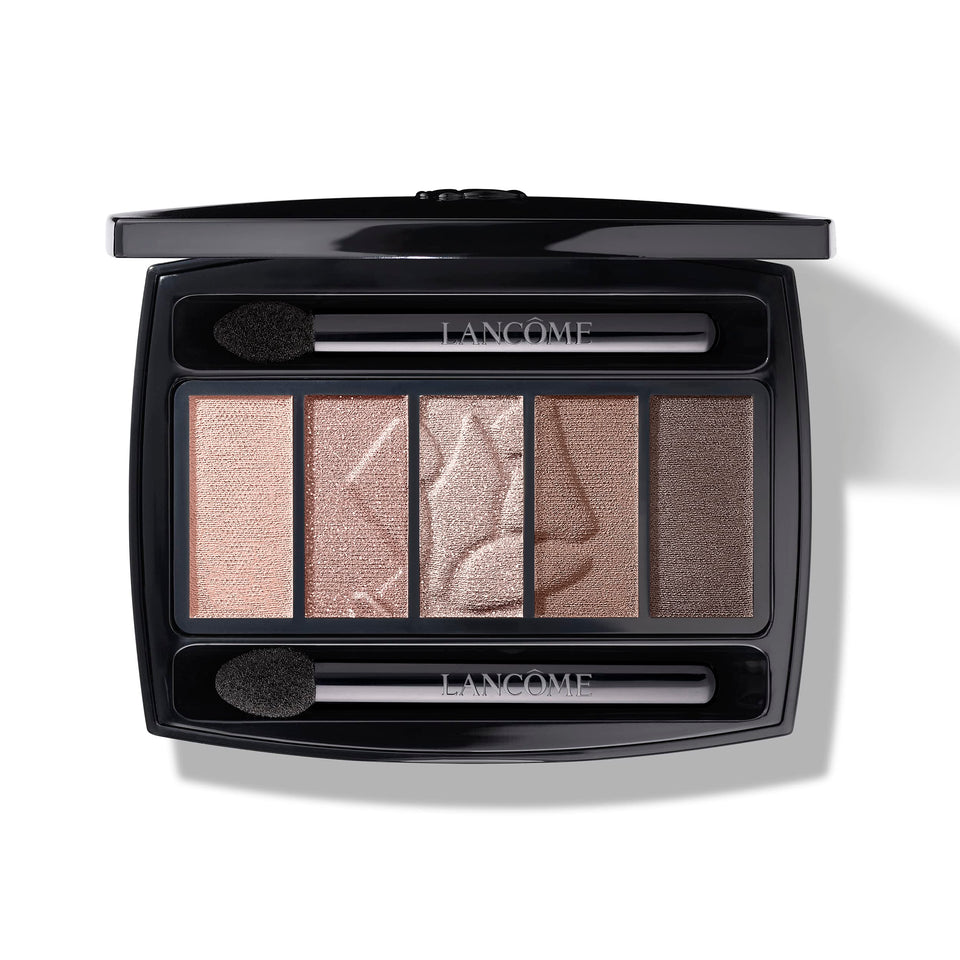 Lancôme Hypnôse front palette showing five coordinated taupe shades and compact case for travel