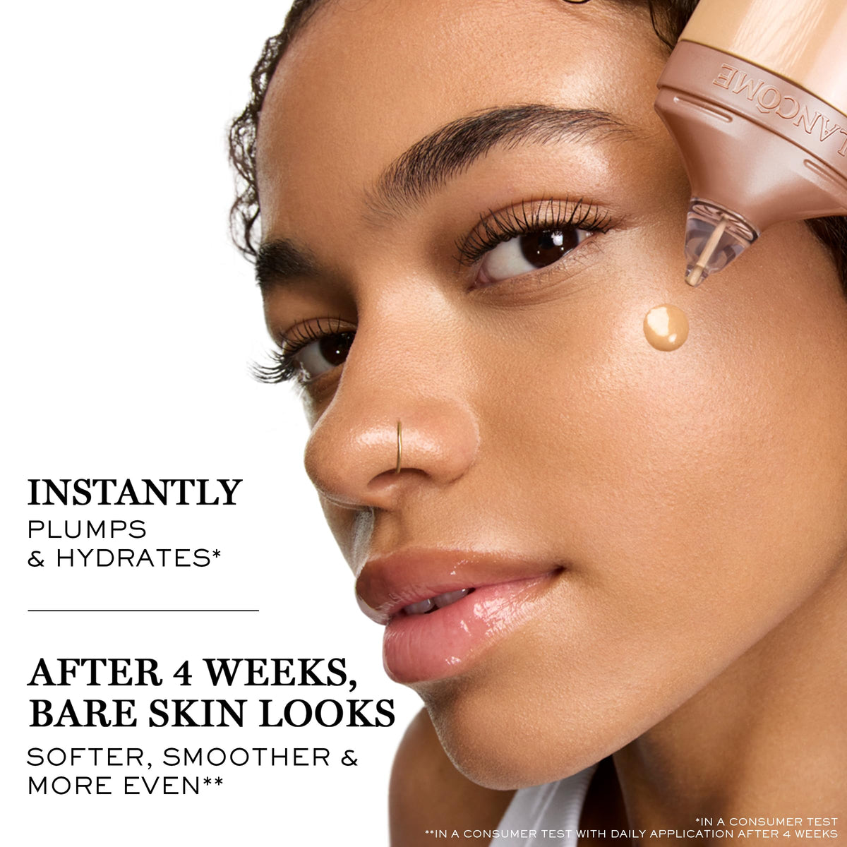 Lancôme pump dispensing serum tint demonstrating easy controlled application