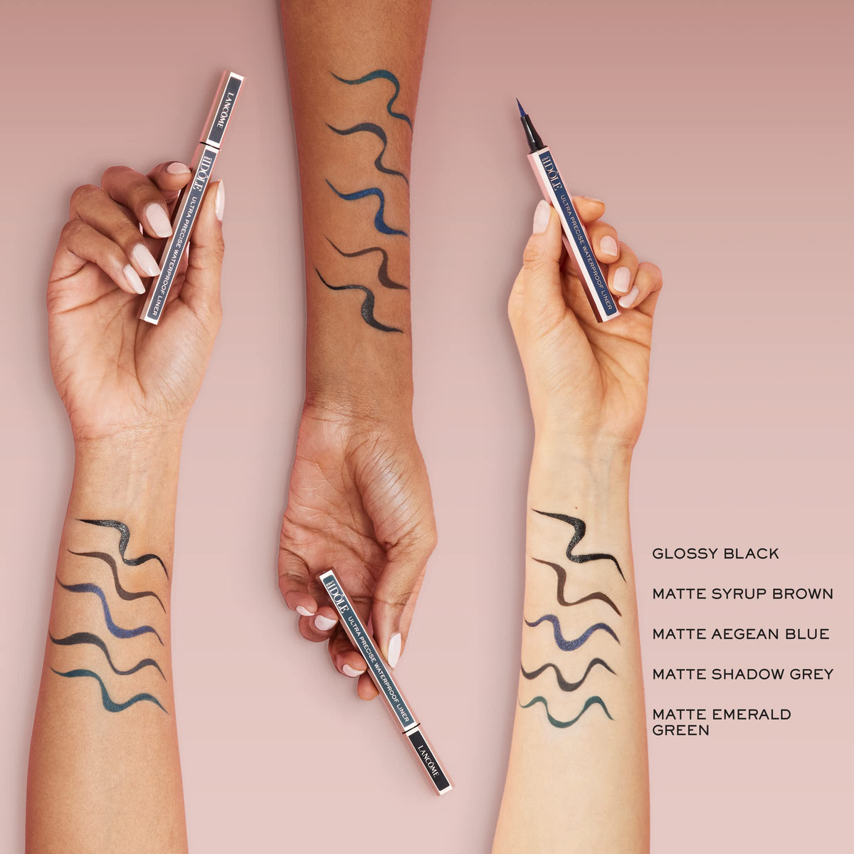 Lancôme Idôle Liner grey pigment stroke on skin showing smooth, luminous payoff