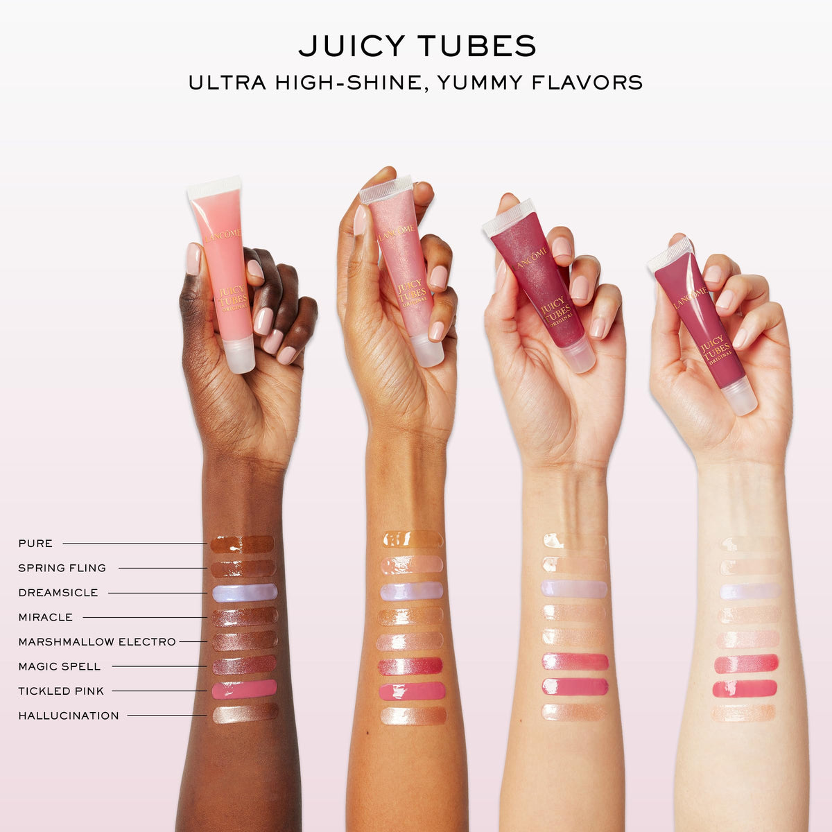 Lancôme gloss layered over lipstick enhancing color and gloss
