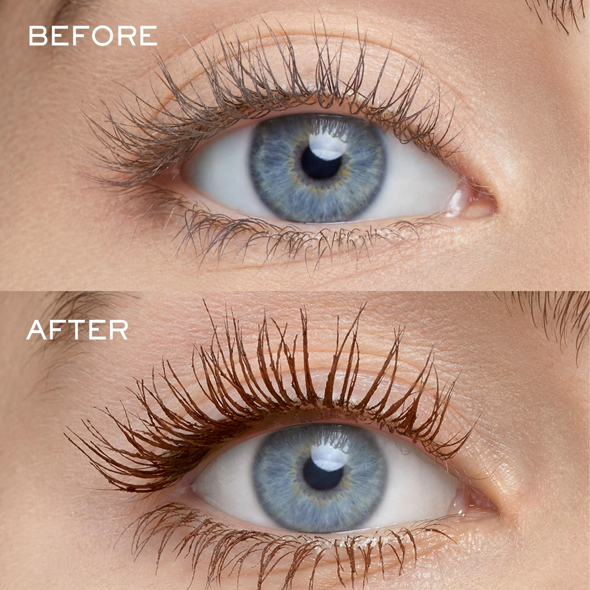 Lancôme Lash Idôle before and after lashes showing visible lift and natural brown definition