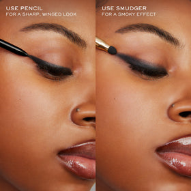 Lancôme pencil held in hand for scale, shows convenient size for travel and daily use
