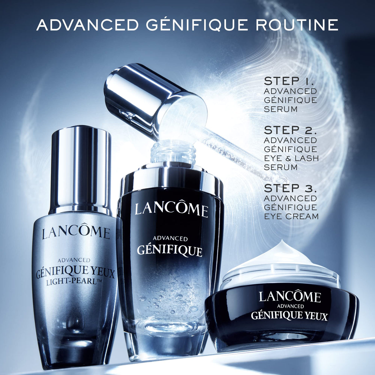 Lancôme on bathroom vanity lifestyle scene conveying refreshed morning routine