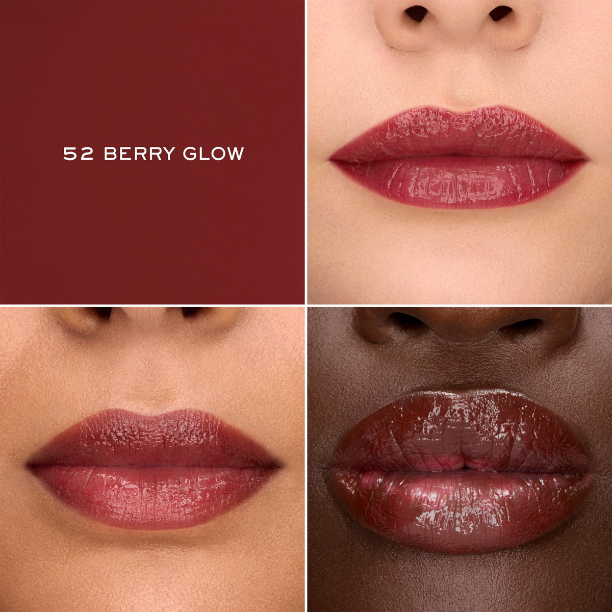 Lancôme swatch of 52 Berry Glow on hand showing buildable berry color and instant shine