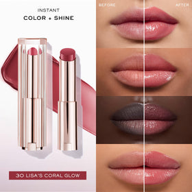 Lancôme swatch on hand demonstrating buildable coral color and hydration benefit