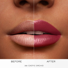 Lancôme lipstick worn by model in evening lighting showing rich color and long-wear appeal