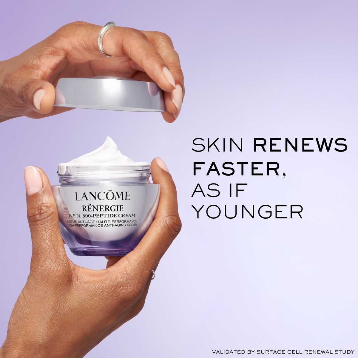 Lancôme cream being smoothed onto skin from fingertips for instant hydration benefit
