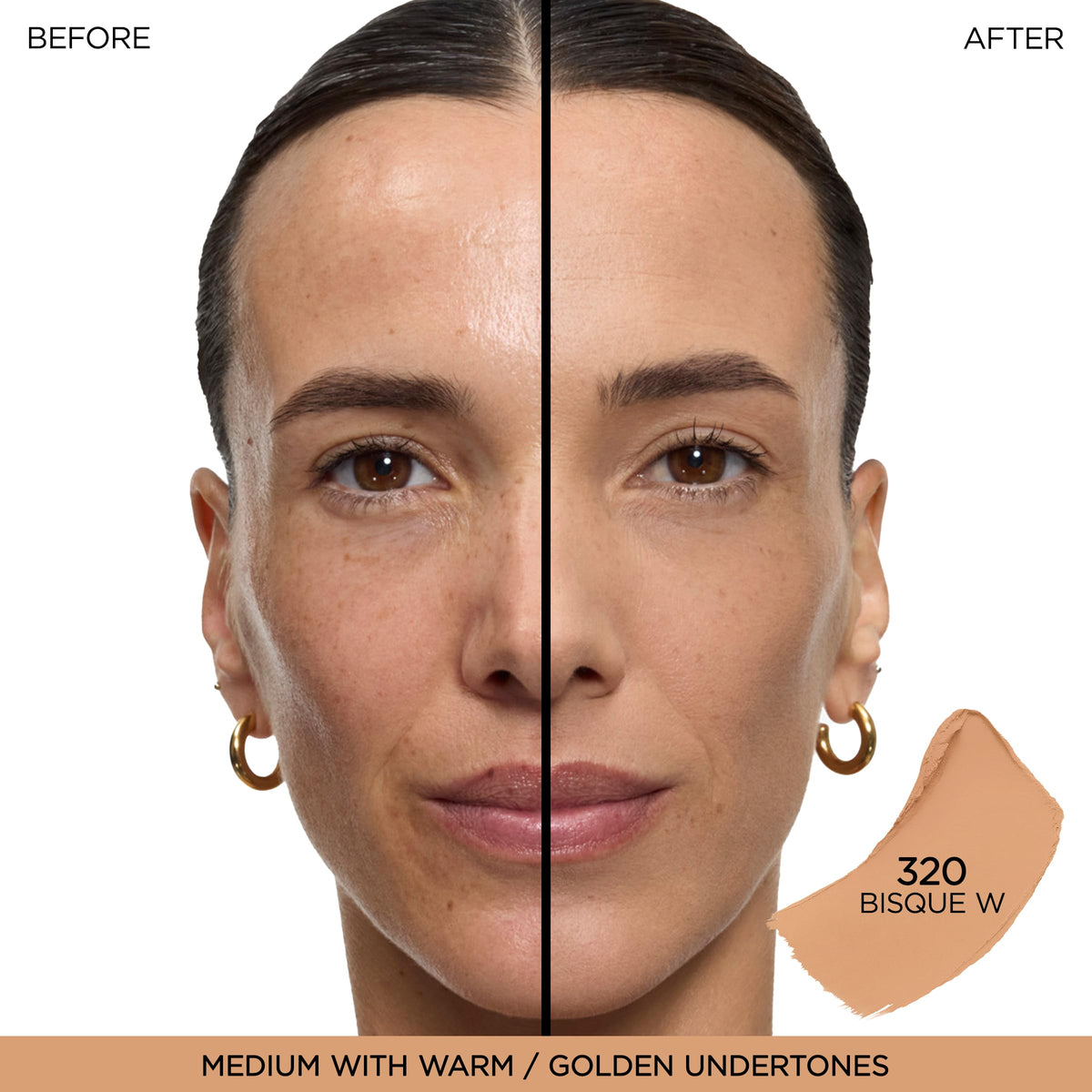 Lancôme shade 320 Bisque Warm swatched on skin showing warm undertone and buildable coverage