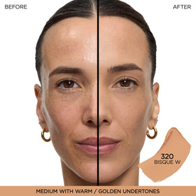 Lancôme shade 320 Bisque Warm swatched on skin showing warm undertone and buildable coverage