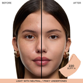 Lancôme shape stick 220 buff neutral swatched on arm demonstrating true shade and blendability