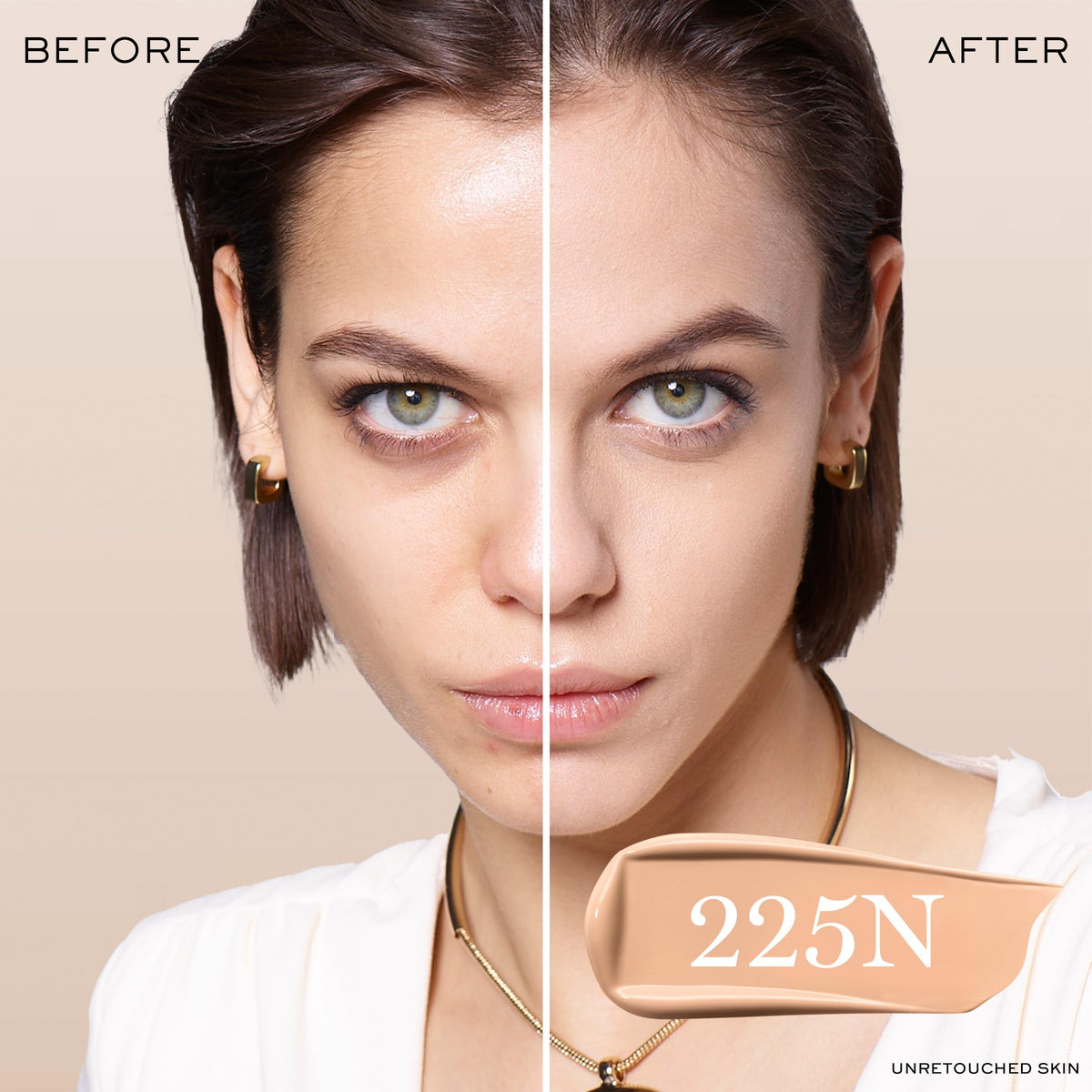 Lancôme swatch of 225N on arm illustrating neutral peachy undertone match