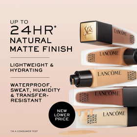 Lancôme foundation texture closeup with droplets, shows hydration and smooth blend