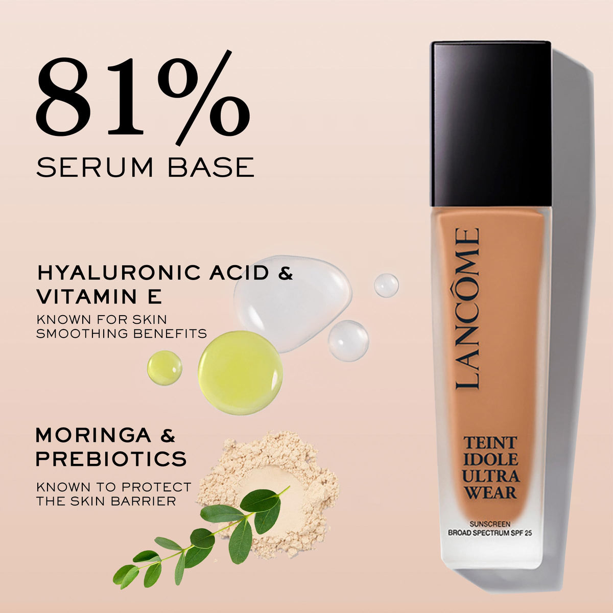 Lancôme ingredients label closeup highlighting hyaluronic acid and skin benefits