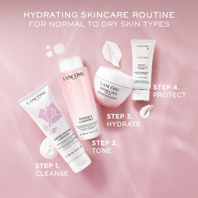 Lancôme toner next to serum and cream showing routine compatibility