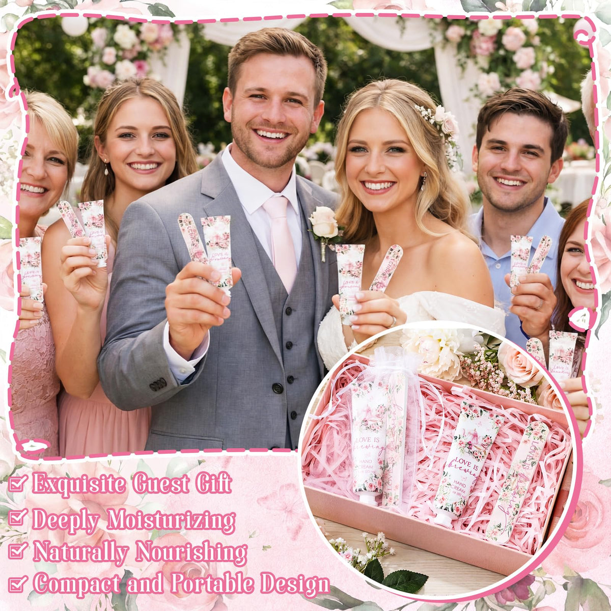 Landhoow favors arranged on table setting, cohesive bridal décor benefit