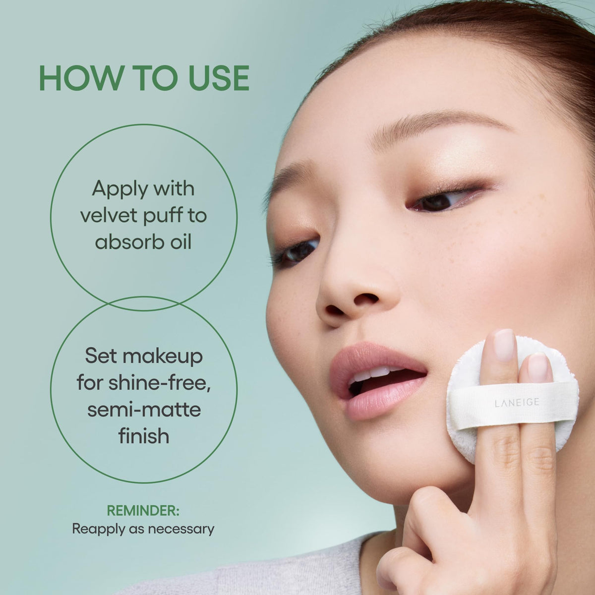 LANEIGE applying powder to T-zone showing shine control and pore blur