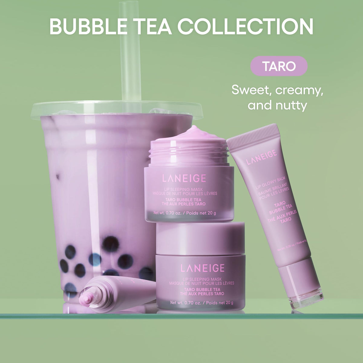 LANEIGE balm applied on lips with glossy, hydrating sheen visible