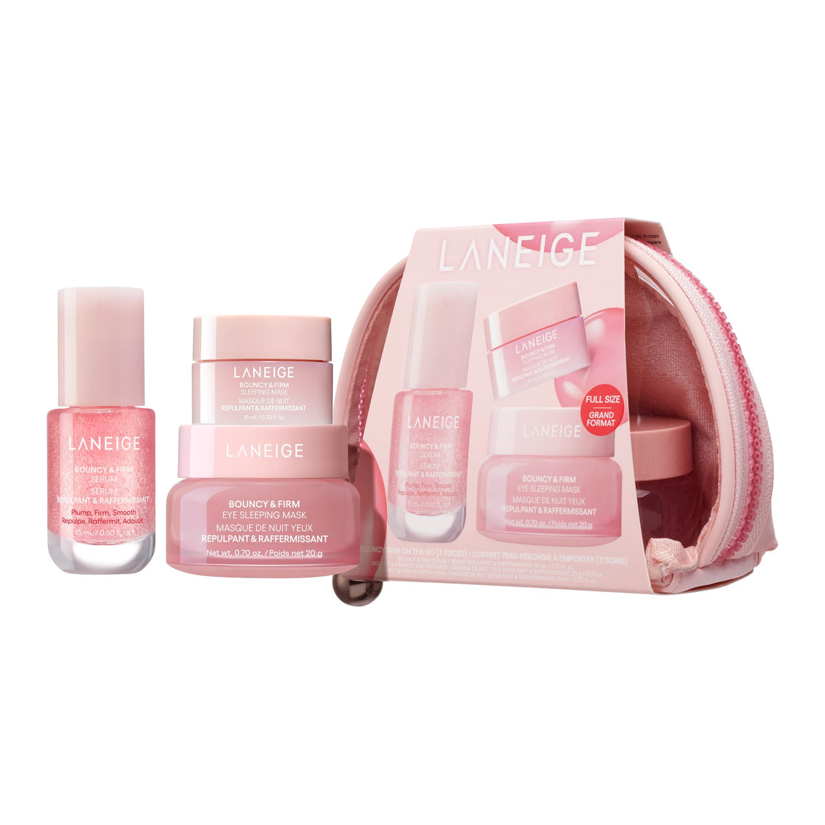 LANEIGE set front packaging showing trio and pouch for travel convenience