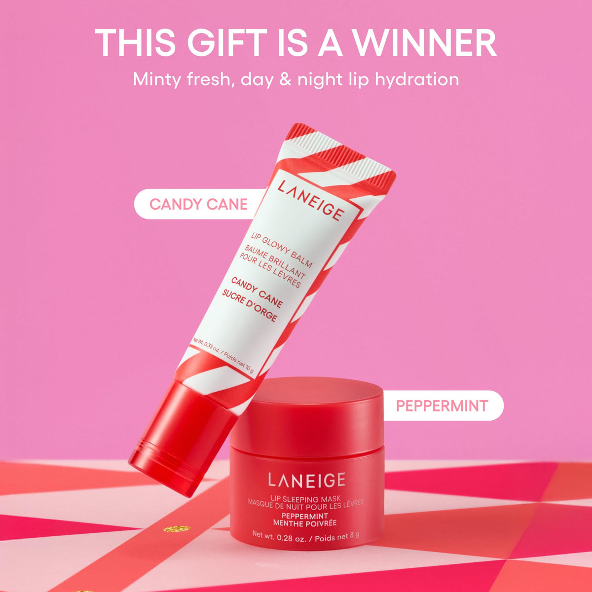 LANEIGE Candy Cane balm close-up highlighting glossy moisture