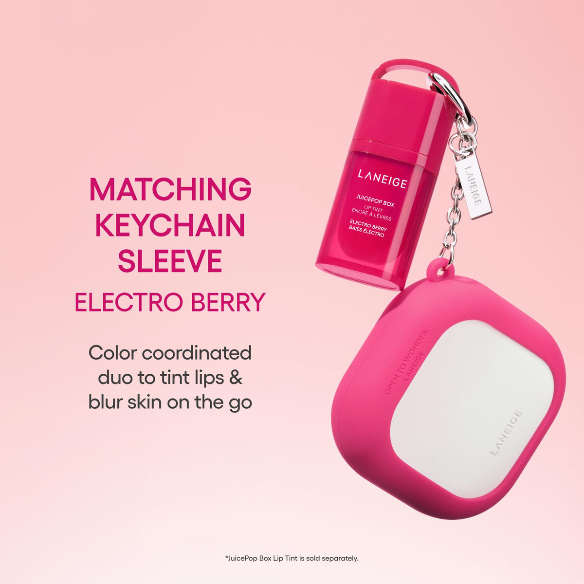 LANEIGE silicone clip-on keychain sleeve in Electro Berry offering coordinated style