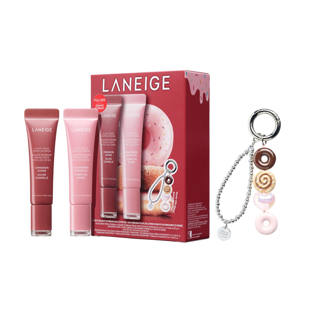 LANEIGE front packaging showing both serums and donut keychain, ready-to-gift
