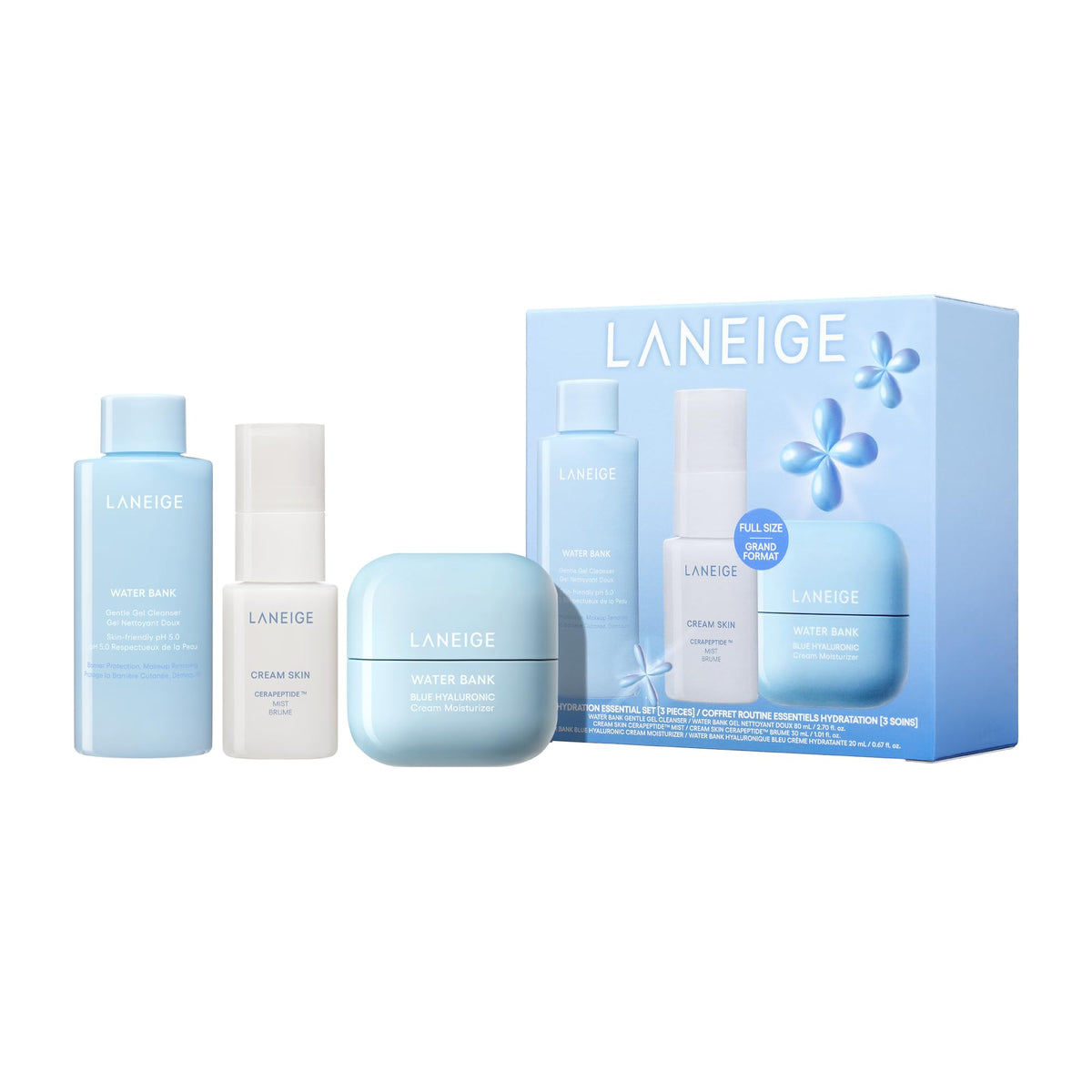 LANEIGE front packaging hydrating set, shows convenience and travel-ready benefit