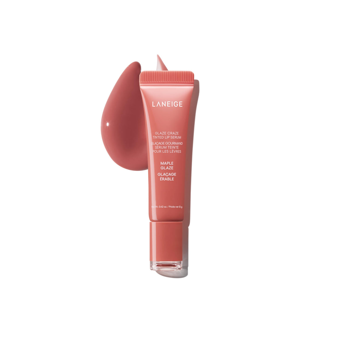 LANEIGE front packaging showing sleek tube and Maple Glaze shade benefit hydration