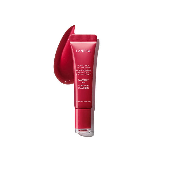 LANEIGE front tube of Glaze Craze Raspberry Jam showing glossy finish and hydration benefit