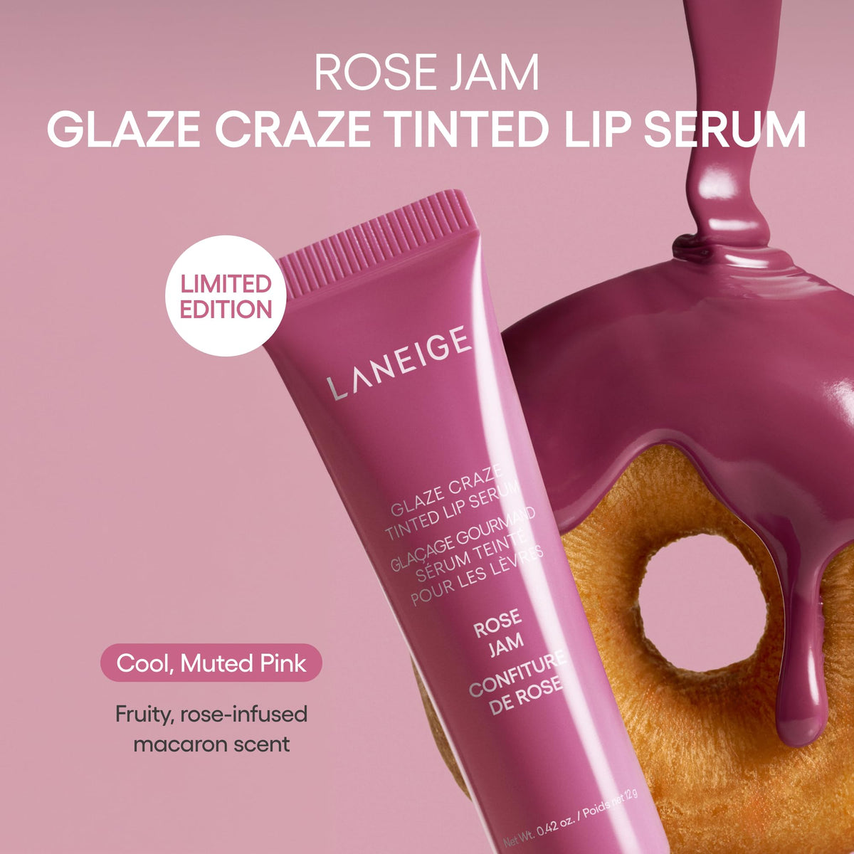 LANEIGE model close-up wearing Rose Jam showing glossy, nourished lips