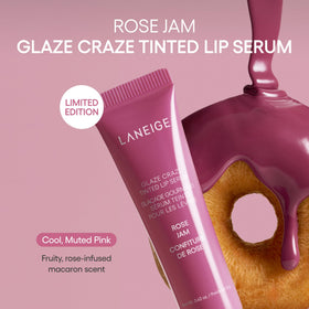 LANEIGE model close-up wearing Rose Jam showing glossy, nourished lips