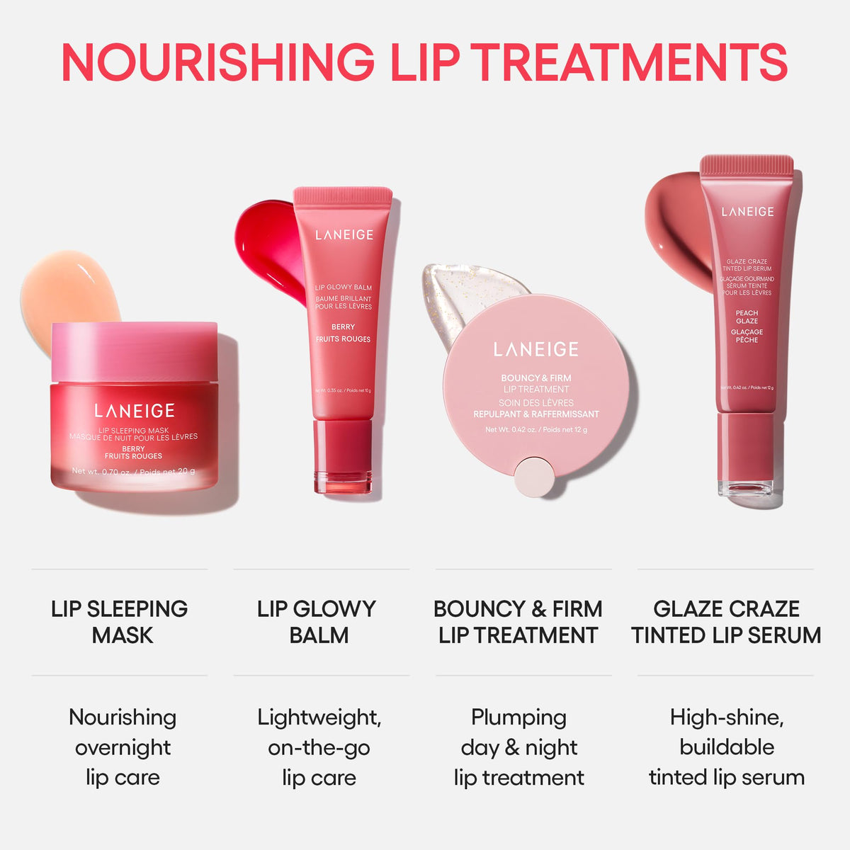 LANEIGE on lips in use showing glossy, hydrated color finish