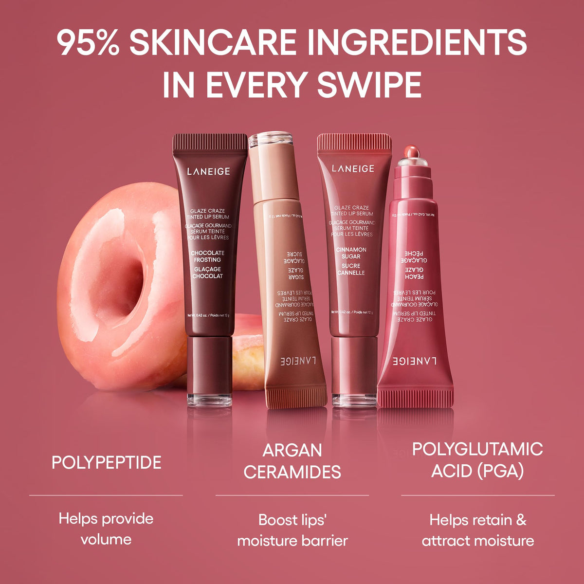 LANEIGE on-lips close-up highlighting glossy finish and barrier-boosting moisture