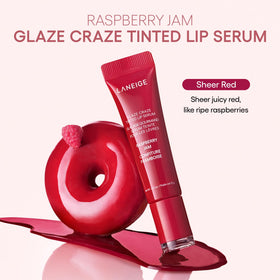 LANEIGE Glaze Craze used with lip liner illustrating buildable color and defined, glazed results