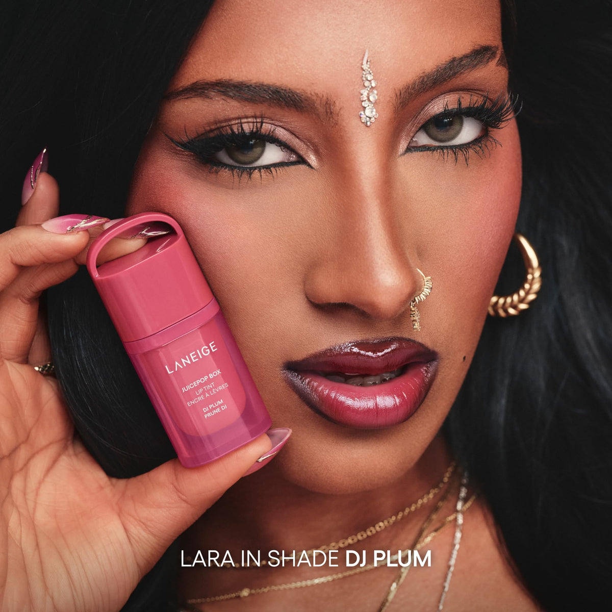 LANEIGE lifestyle shot of model wearing DJ Plum showing rich color and shine