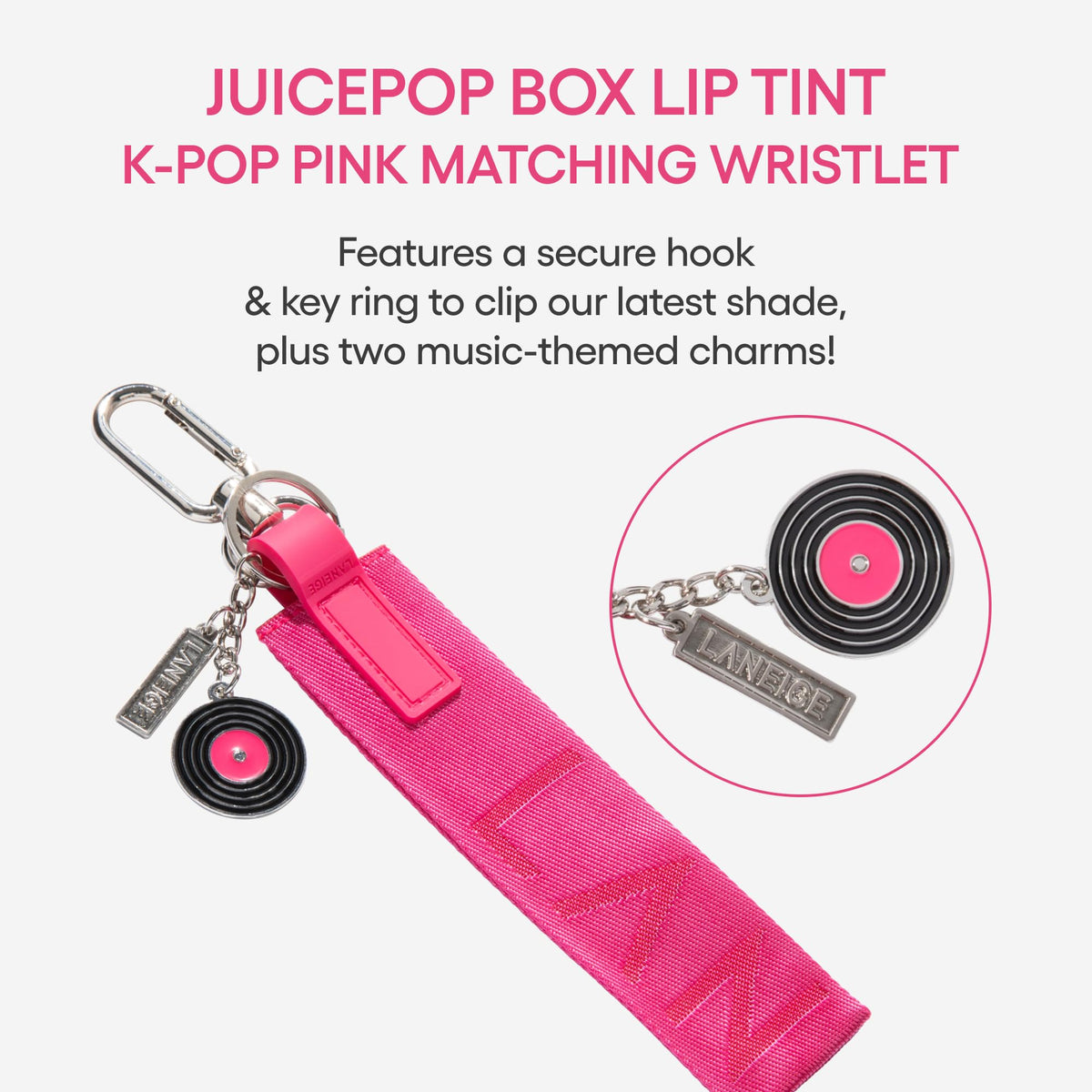LANEIGE wristlet clipped to bag showing portable, on-the-go convenience