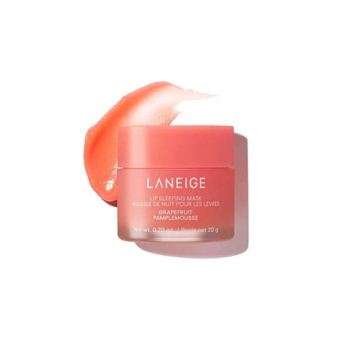 LANEIGE front jar view showing grapefruit mask and clear branding benefit: easy identification