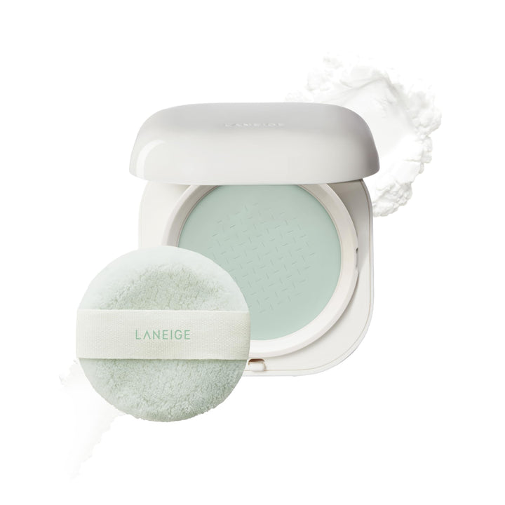 LANEIGE compact front showing sleek design and travel-ready finish benefit