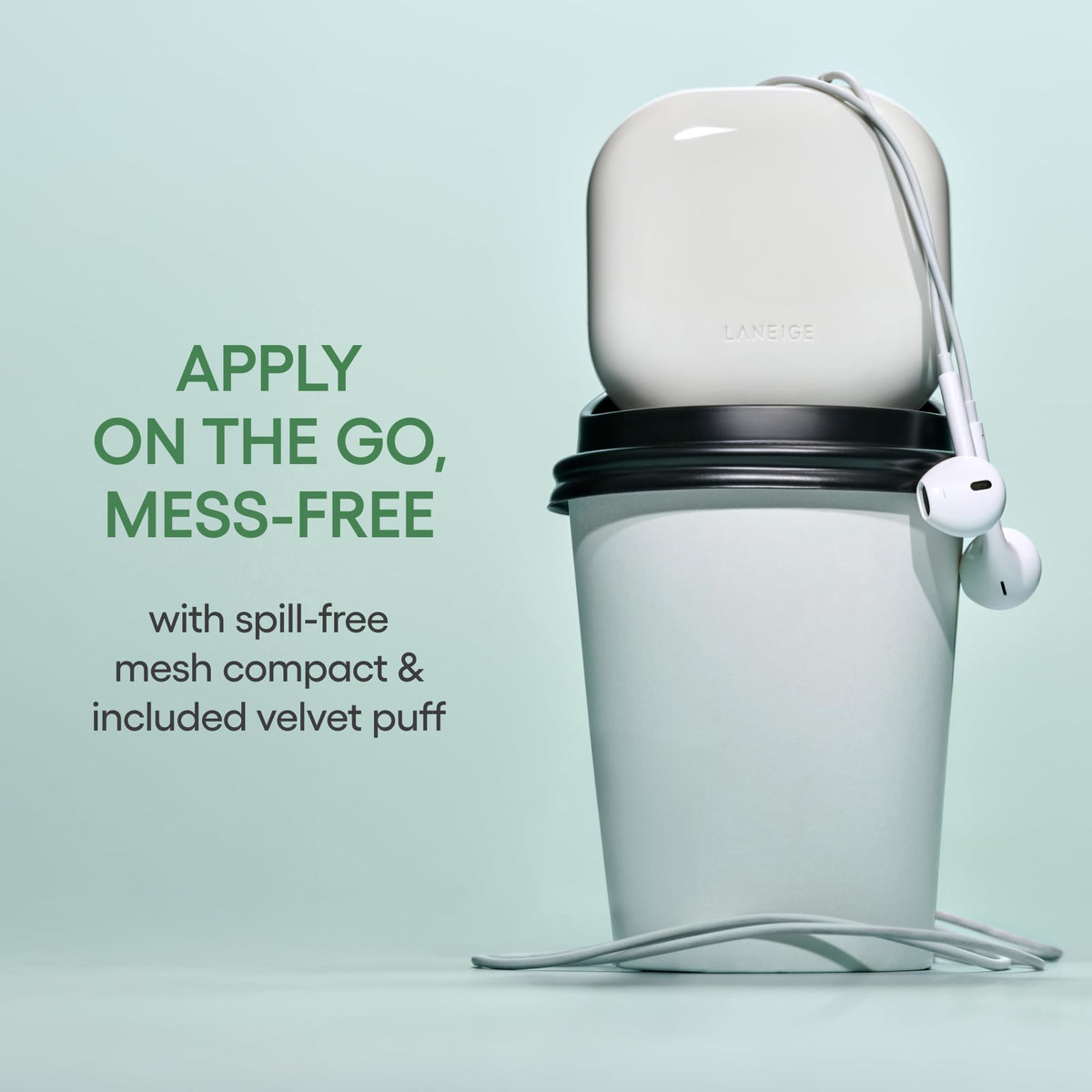 LANEIGE compact beside coins to show size and easy portability benefit