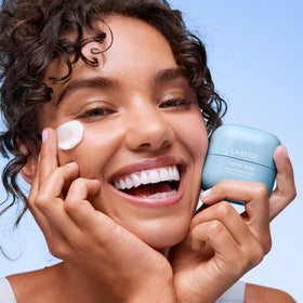 LANEIGE nighttime routine in bathroom showcasing evening moisturizing use