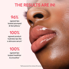 LANEIGE on-model lips Peach Glaze displaying shiny, hydrated coral tint