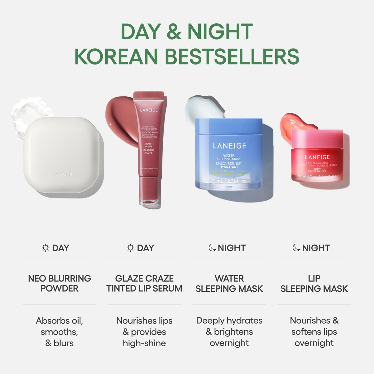 LANEIGE box beside JuicePop tints showing color-coordinated style benefit