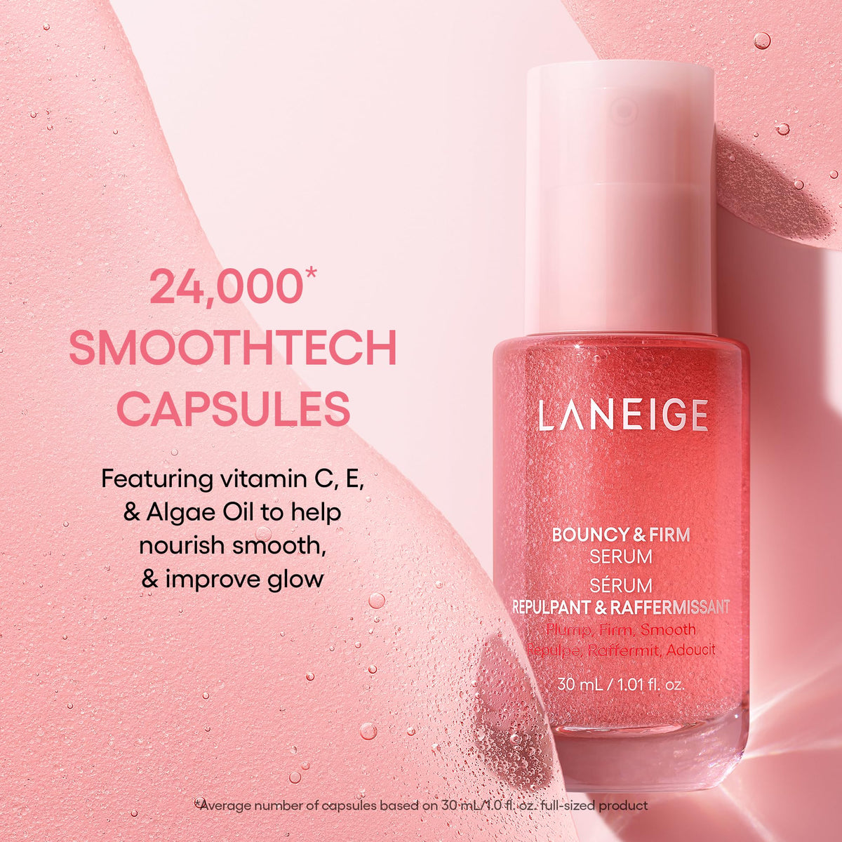 LANEIGE ingredient shot with peony and collagen visuals, emphasizes collagen support