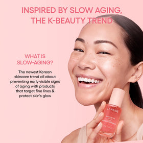 LANEIGE serum on bathroom vanity with towel, suggests daily routine convenience