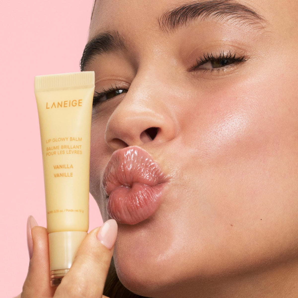 LANEIGE vanilla Lip Glowy Balm stick close-up for easy on-the-go hydration