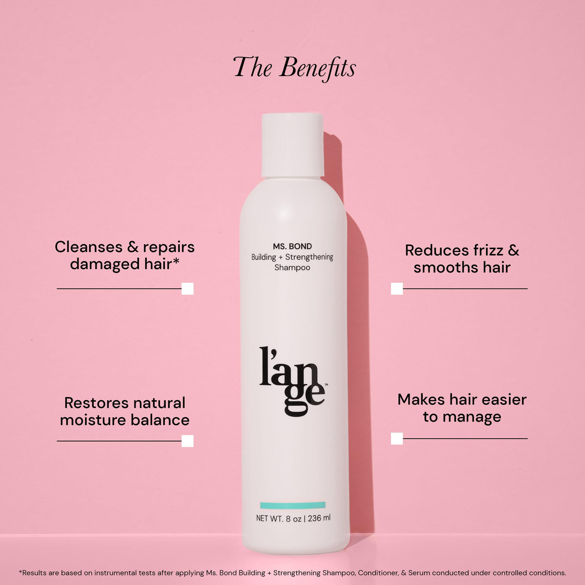L'ANGE HAIR bottle beside a ruler showing 8 fl oz scale for accurate size reference