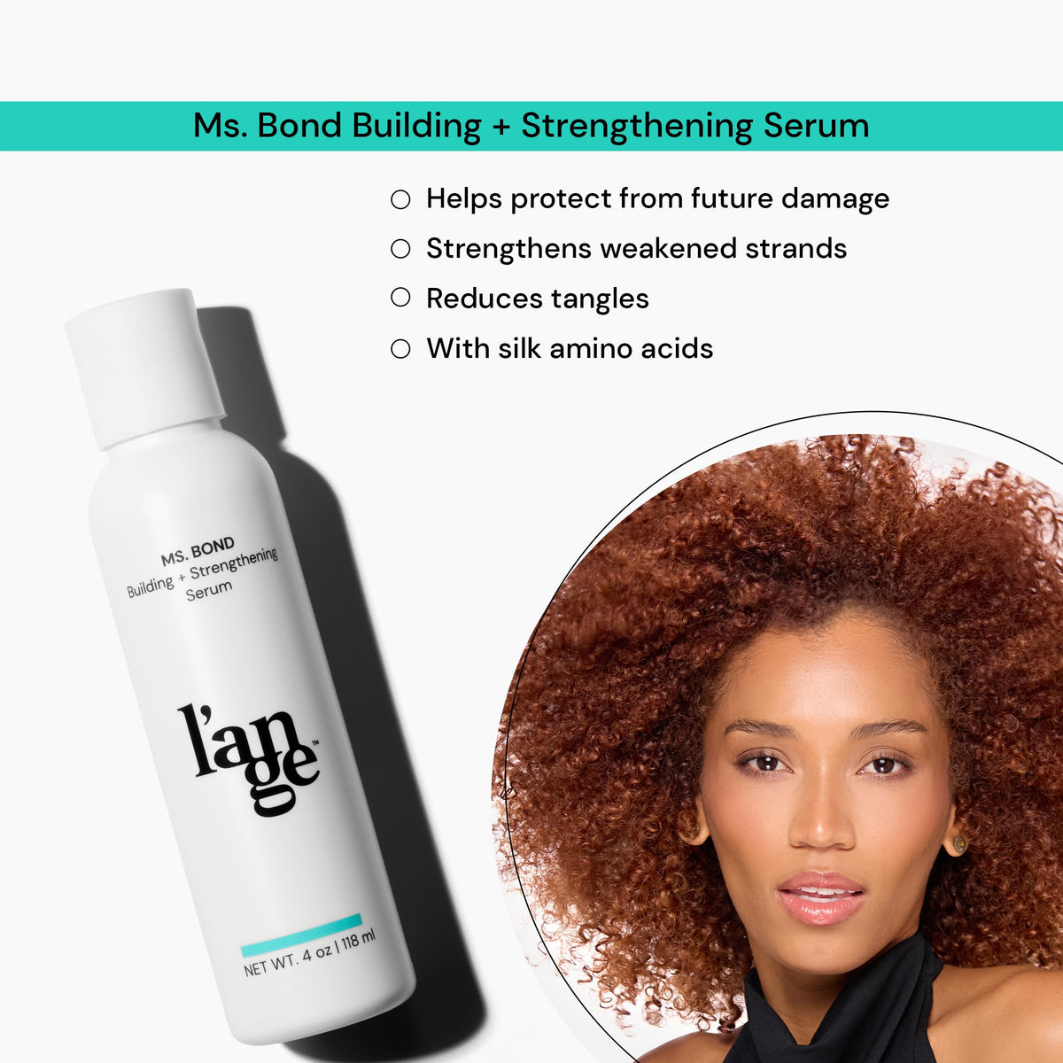 L'ANGE HAIR pump nozzle close-up highlighting easy dispensing benefit