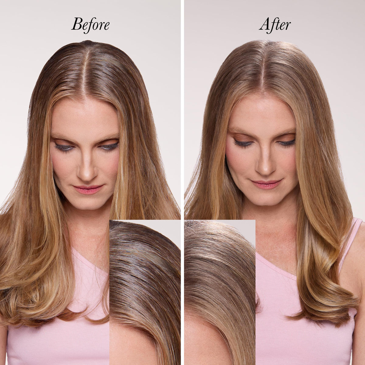 L'ANGE HAIR application at roots on dark hair demonstrating invisible finish and instant oil control
