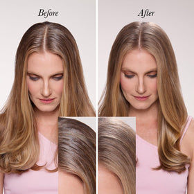 L'ANGE HAIR application at roots on dark hair demonstrating invisible finish and instant oil control