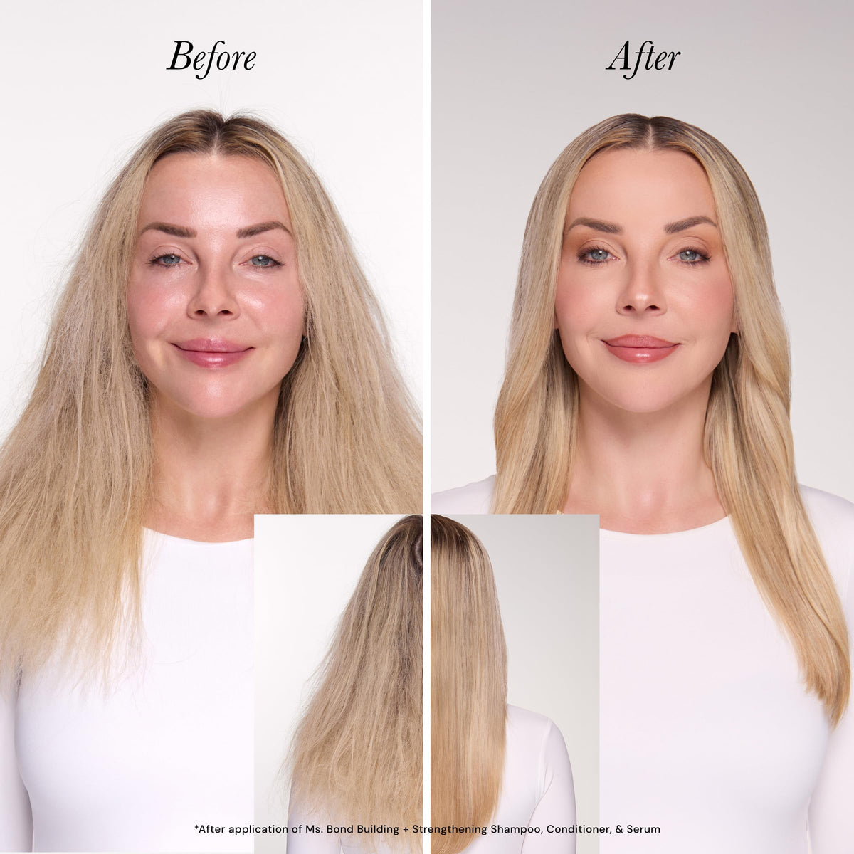L'ANGE HAIR before and after hair comparison showing reduced breakage and shine