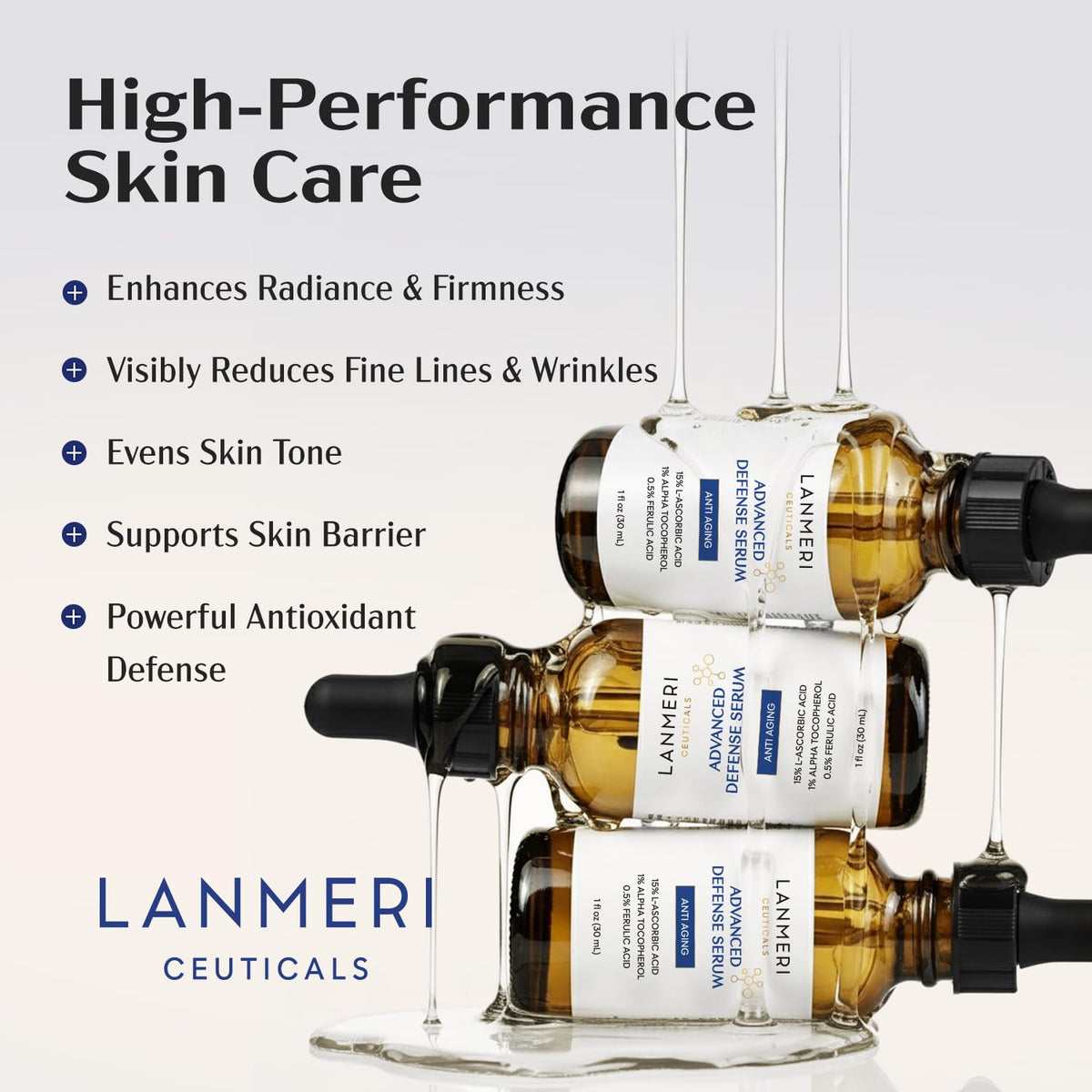 Lanmeri ingredient label closeup showing Vitamin C E Ferulic strengths benefit